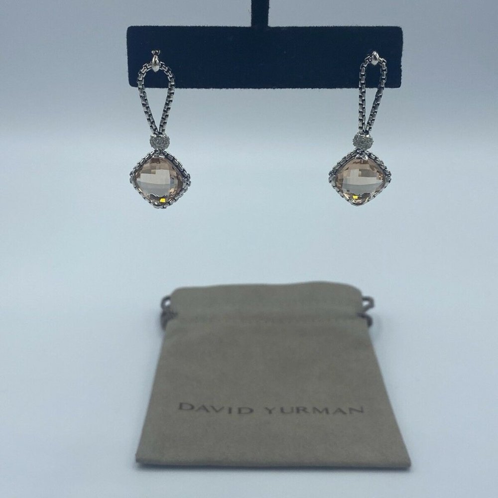 David Yurman Sterling Silver Morganite Cushion on Point Diamond Earrings